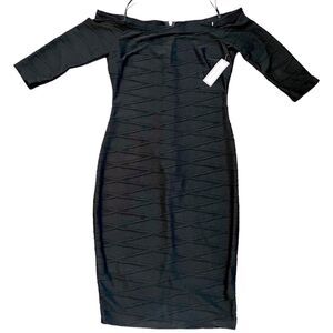 Off-shoulder black Bodycon midi dress gold zipper back NWT Size 10 Premier Amour